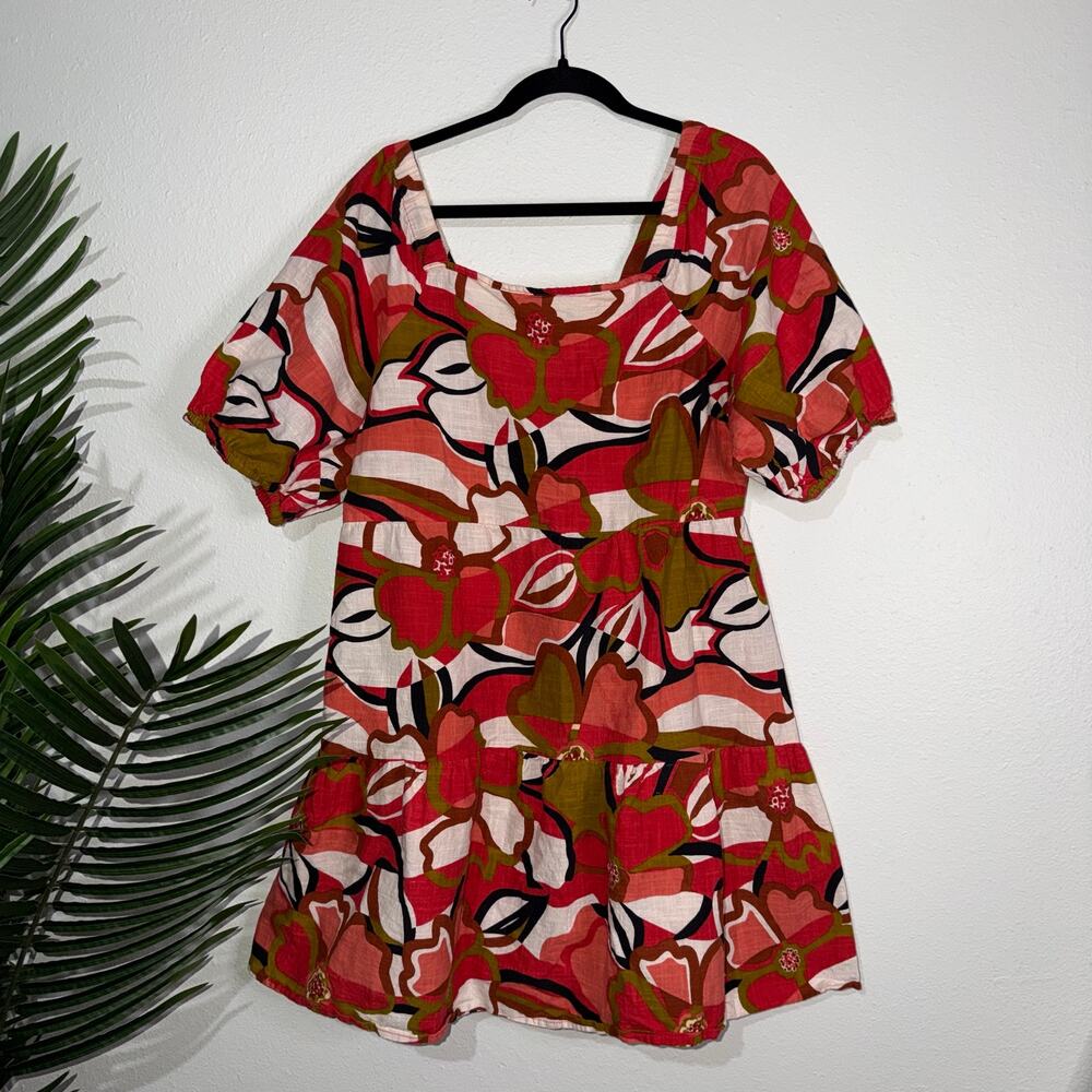 Mlle Gabrielle Floral Cotton Tiered Mini Dress Puff Sleeve Boho Red Green XL